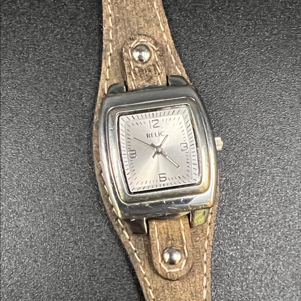 Relic by Fossil Silver-Tone Square Dial with Brown Leather Band - New Battery